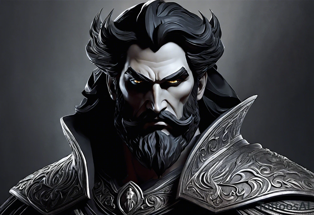 Hadès is depicted with a commanding presence, his features carefully detailed to reflect his dark and enigmatic nature. His face is stern, with deep-set eyes that exude an aura of authority and mystery. His dark, shoulder-length hair and beard are rendered with meticulous shading, adding texture and depth. He wears a regal but somber cloak, which is intricately detailed with realistic folds and shadows, emphasizing his status as the ruler of the underworld. In one hand, he holds a bident, a two-pronged staff symbolizing his power over the dead. The bident is rendered with fine detail, including ornate designs along its handle. The background is kept minimalistic to ensure the focus remains on Hadès himself. The tattoo highlights realistic textures and shadows, bringing out the god’s formidable and brooding presence. The overall effect captures the essence of Hadès as a powerful and revered deity of the Greek pantheon. tattoo idea