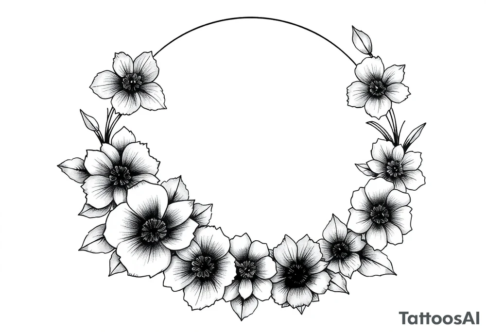 moon-shaped diferent flowers tattoo idea
