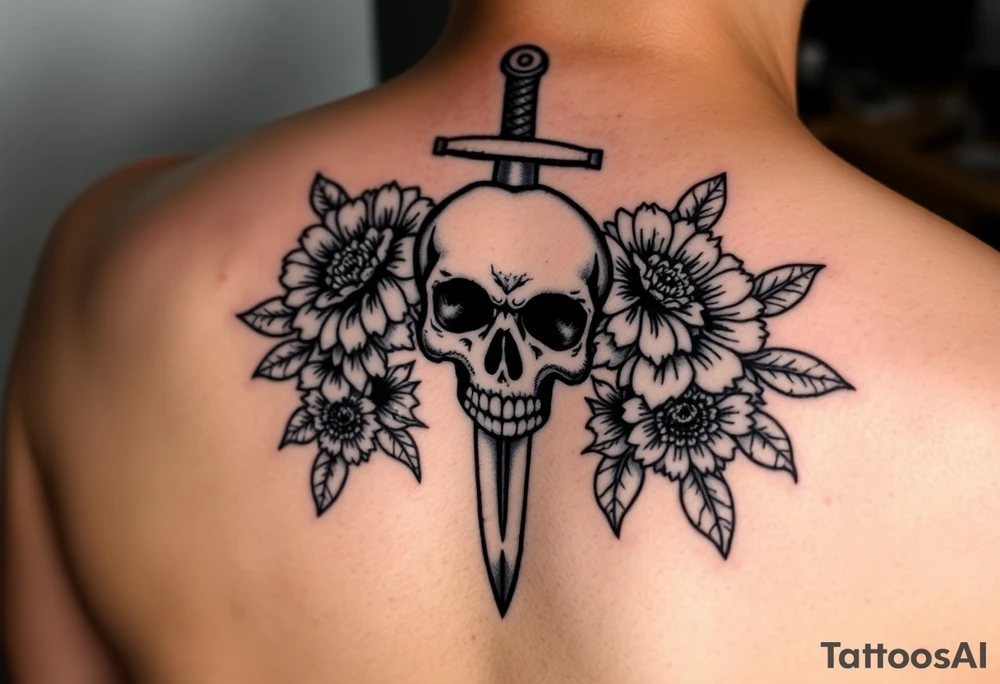 Skull, heart and dagger with roses and sunflowers tattoo idea