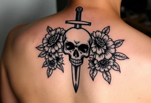 Skull, heart and dagger with roses and sunflowers tattoo idea