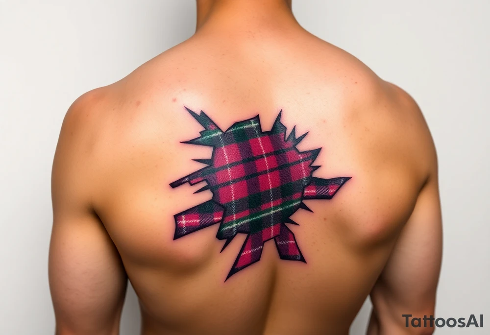 Dark Purple with green pink blue and white highlights tartan fabric on arm with skin ripping away to reveal tartan underneath tattoo idea