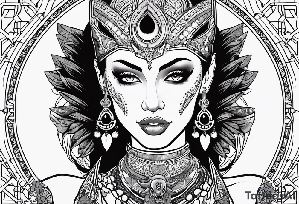 kali, alien goddess, valkrye, pirate, zenza, lotus, wing, pachamama, skull, black panther tattoo idea