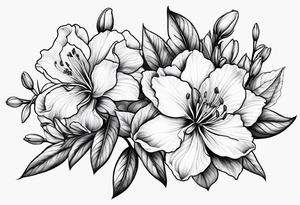 Azaleas with 5 petals, buds, leaves; curved design tattoo idea