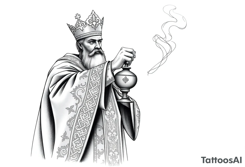 A Russian Orthodox Priest in full gold vestments swinging a censer with smoke curling upward 

The ornate robes give incredible fine line detail
The incense smoke could flow and connect to other elements
It ties directly into the church and Virgin Mary you already have
Very culturally authentic to the overall theme tattoo idea