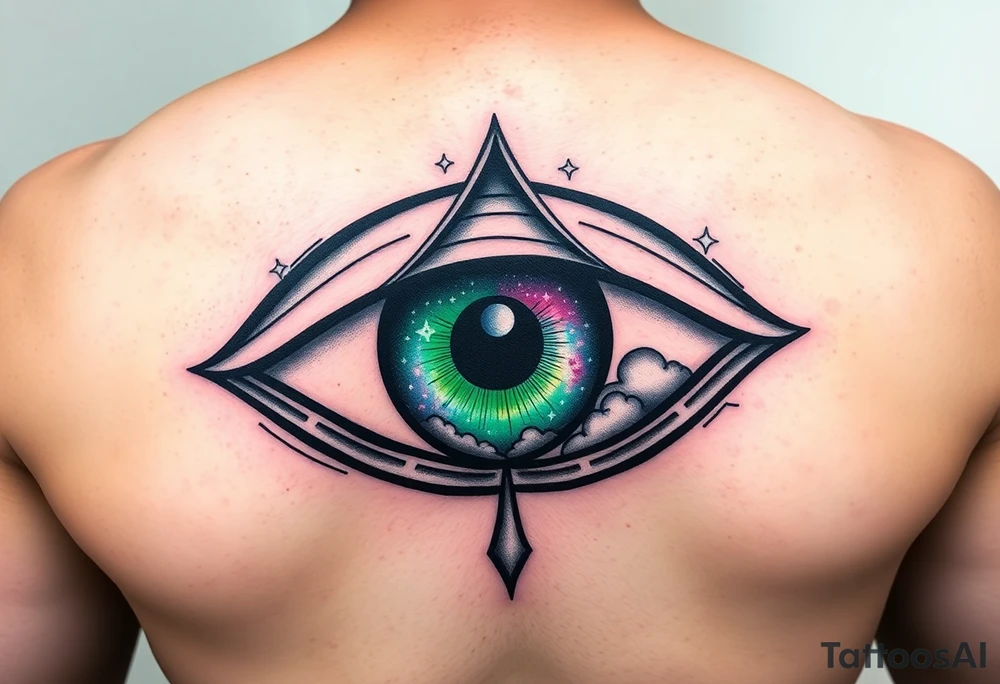 Large outline of an eye almond shaped with the eyeball part shaped like an ace of spades + eyecolor greenish blue with a crescent moon stars and clouds inside of the spade eyeball using vivid colora like green purple and blue tattoo idea