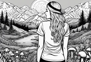 Straight long blonde hair hippie girl in distance holding mushrooms in hand facing away toward mountains and creek surrounded by mushrooms tee shirt and hiking pants

Entire tattoo within a circle tattoo idea