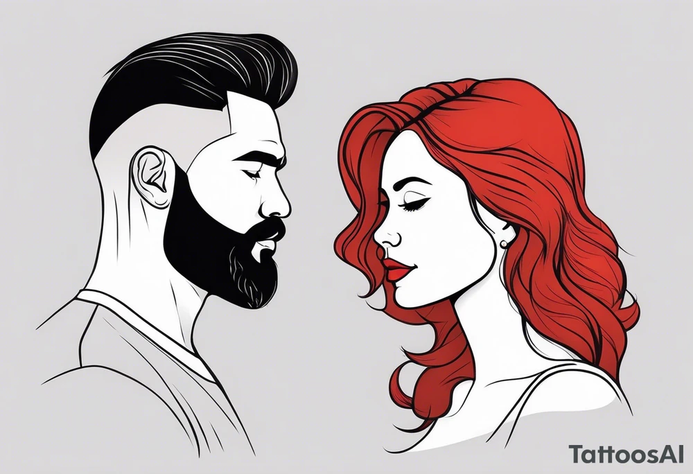 Busty red haired woman with a bearded man who has black hair tattoo idea