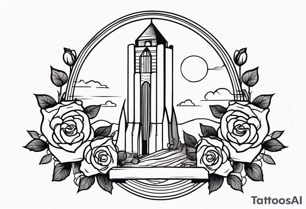 Tesseract in shape of dark tower with roses around it tattoo idea