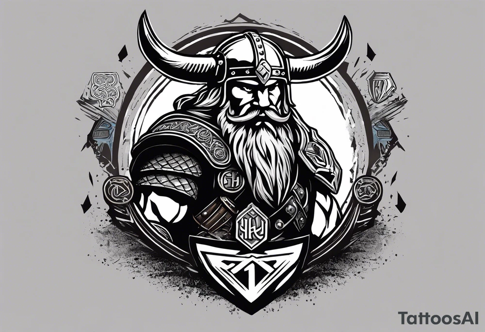 Create an image of a powerful Viking warrior. The Viking is wearing a bear's head as a helmet, with the bear's fur draped over his shoulders. In his right hand, he is holding Thor's hammer (Mjölnir), which is surrounded by subtle lightning bolts. On the hammer, include a faint outline of the HSV (Hamburg football club) diamond emblem, subtly integrated into the design. The overall style should be bold and epic, capturing the strength and mythic qualities of the Viking and the symbols. tattoo idea