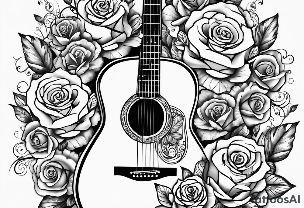 Acoustic guitar treble clef, roses, butterflies on the side tattoo idea