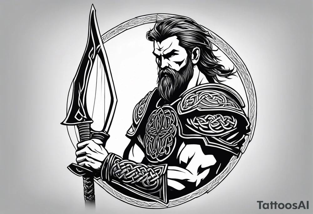 Full body side profile of
Celtic warrior with short hair, a sword in one hand and an axe in the other. tattoo idea
