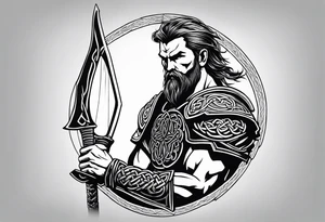 Full body side profile of
Celtic warrior with short hair, a sword in one hand and an axe in the other. tattoo idea