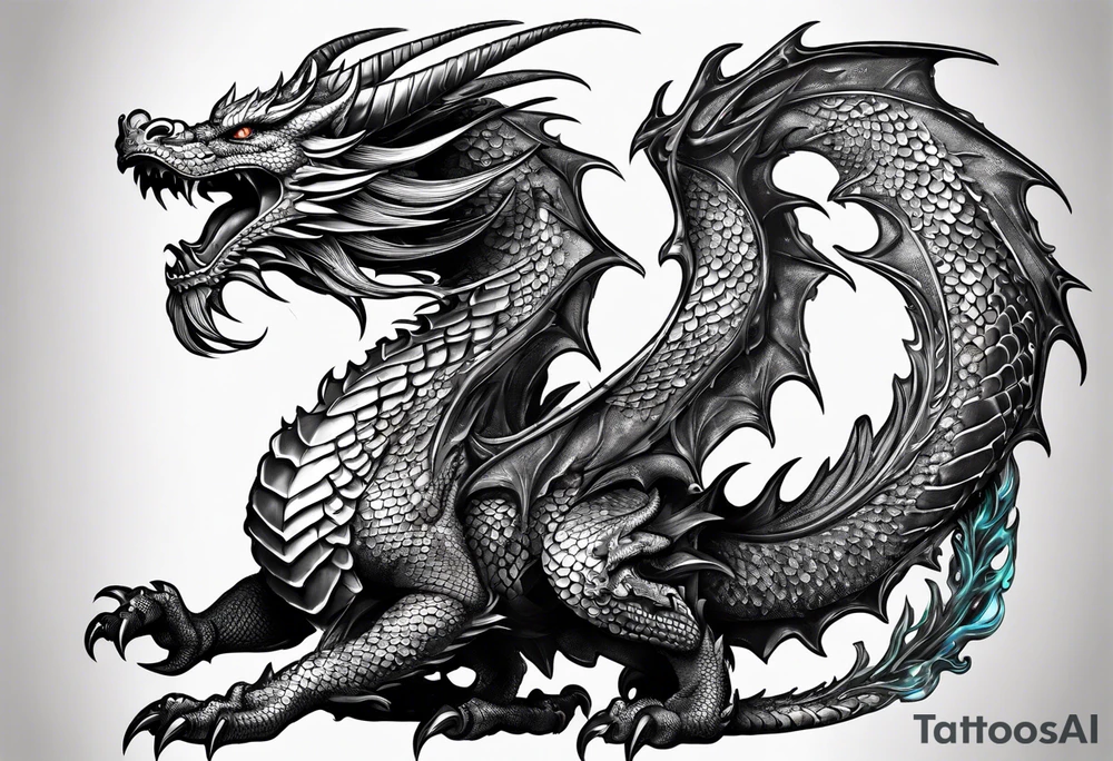 An ornate dragon breathing fire, with intricate scales and a fierce expression, symbolizing power and protection.” tattoo idea
