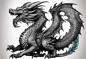 An ornate dragon breathing fire, with intricate scales and a fierce expression, symbolizing power and protection.” tattoo idea