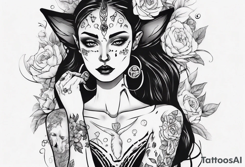 B&w tattoo arm with flowers dotting work and with an cat in it and a dark elf woman Scandinavian tattoo idea
