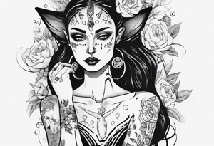 B&w tattoo arm with flowers dotting work and with an cat in it and a dark elf woman Scandinavian tattoo idea