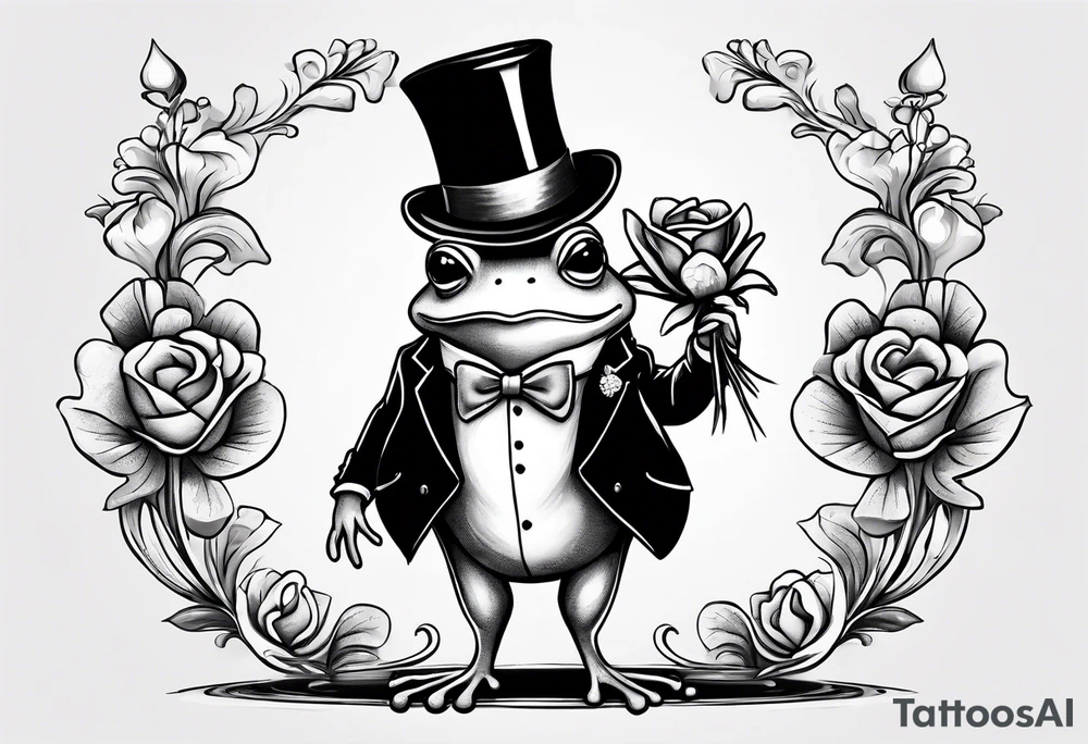 Cute Frog standing on back legs  in a top hat and a formal suit holding flowers to go on a date tattoo idea