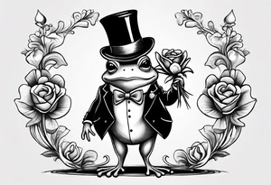 Cute Frog standing on back legs  in a top hat and a formal suit holding flowers to go on a date tattoo idea