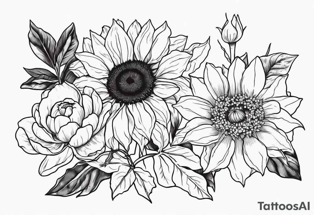 Sunflower, daffodil, poppy, chrysanthemum and holly tattoo idea