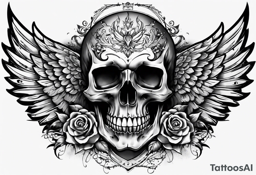 chest skull and wings tattoo idea