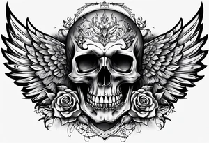 chest skull and wings tattoo idea
