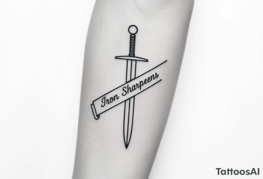 Black and white tattoo sketch of a medieval sword with the words “Iron Sharpens Iron” etched into the blade. Minimalist line art, no shading. tattoo idea