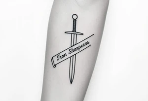 Black and white tattoo sketch of a medieval sword with the words “Iron Sharpens Iron” etched into the blade. Minimalist line art, no shading. tattoo idea
