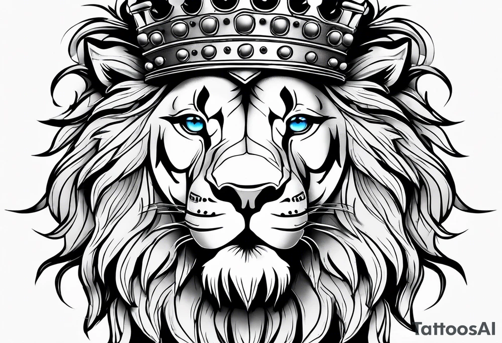 lion with a crown and blue
 eyes and mouth open teeth showing and scar over the eye tattoo idea