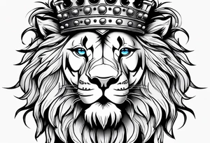 lion with a crown and blue
 eyes and mouth open teeth showing and scar over the eye tattoo idea