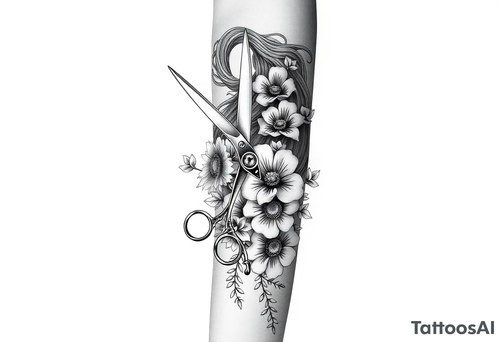 Ornate scissors and comb wrapped around flowers and hair tattoo idea