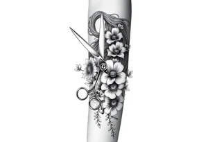 Ornate scissors and comb wrapped around flowers and hair tattoo idea