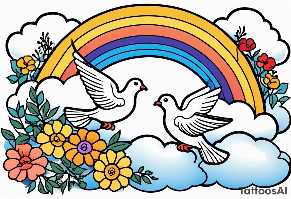 rainbow in clouds
with doves and vintage flowers
old school vintage simple traditional design 



bold color simple tattoo idea