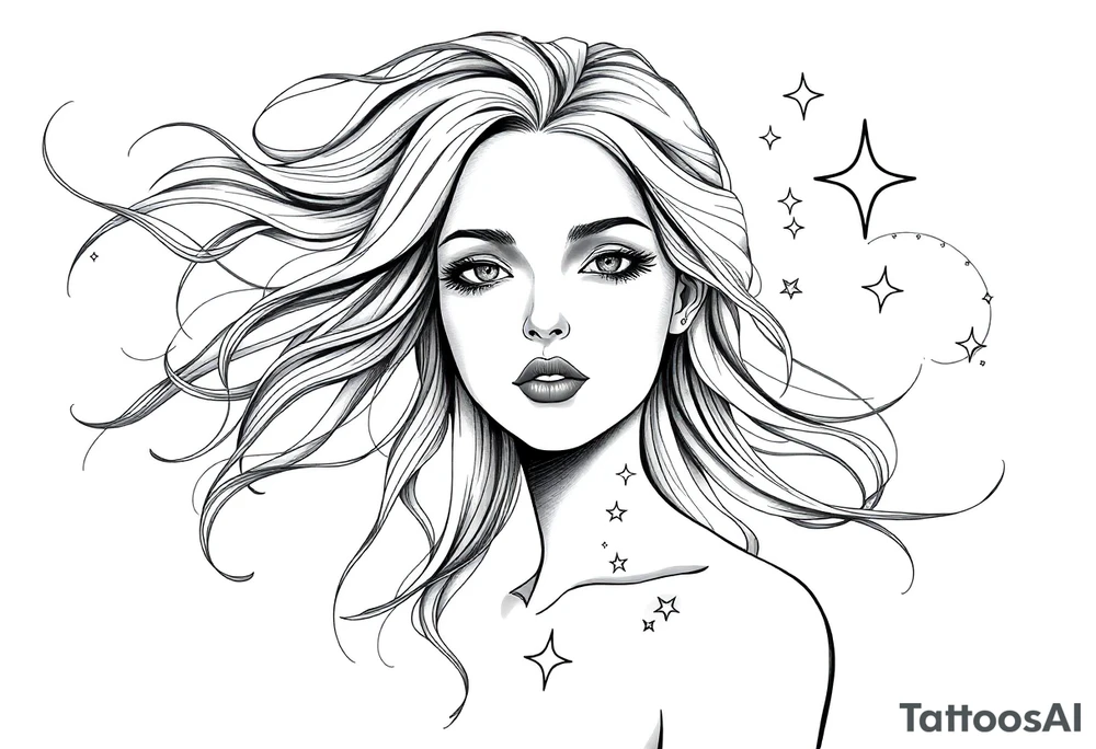 ethereal faceless womans frame with flowing hair and beautiful celestial stars tattoo idea
