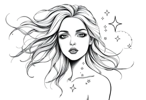 ethereal faceless womans frame with flowing hair and beautiful celestial stars tattoo idea