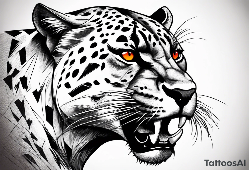 Slight side angle of Facial facing left of an angry panther with red-orange eyes tattoo idea