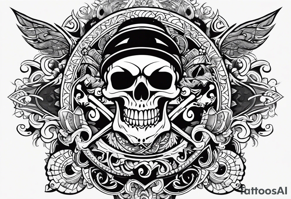 A cartoon pirate skull and around the skull tribal maori lines and figures tattoo idea