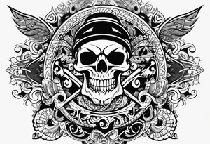 A cartoon pirate skull and around the skull tribal maori lines and figures tattoo idea