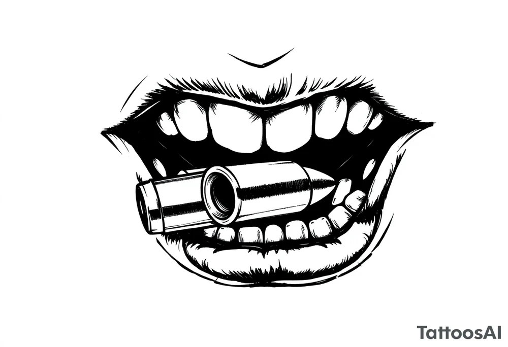 A set of lips snarling with 50cal round between teeth tattoo idea