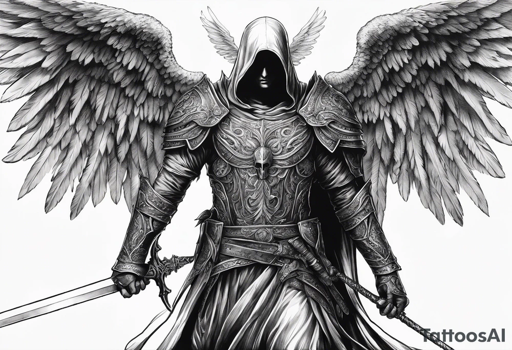 realistic angel of death, man, full body, no face visible, holding one sword, sword pointing downwards, both hands are holding the sword tattoo idea