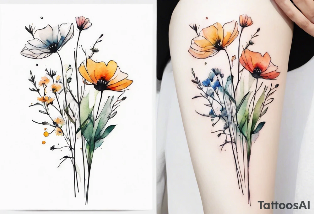 wild flowers long stems bouquet all watercolor tattoo idea