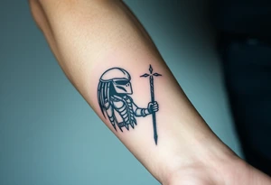 Predator with staff pointing towards sky with lighting bolt tattoo idea