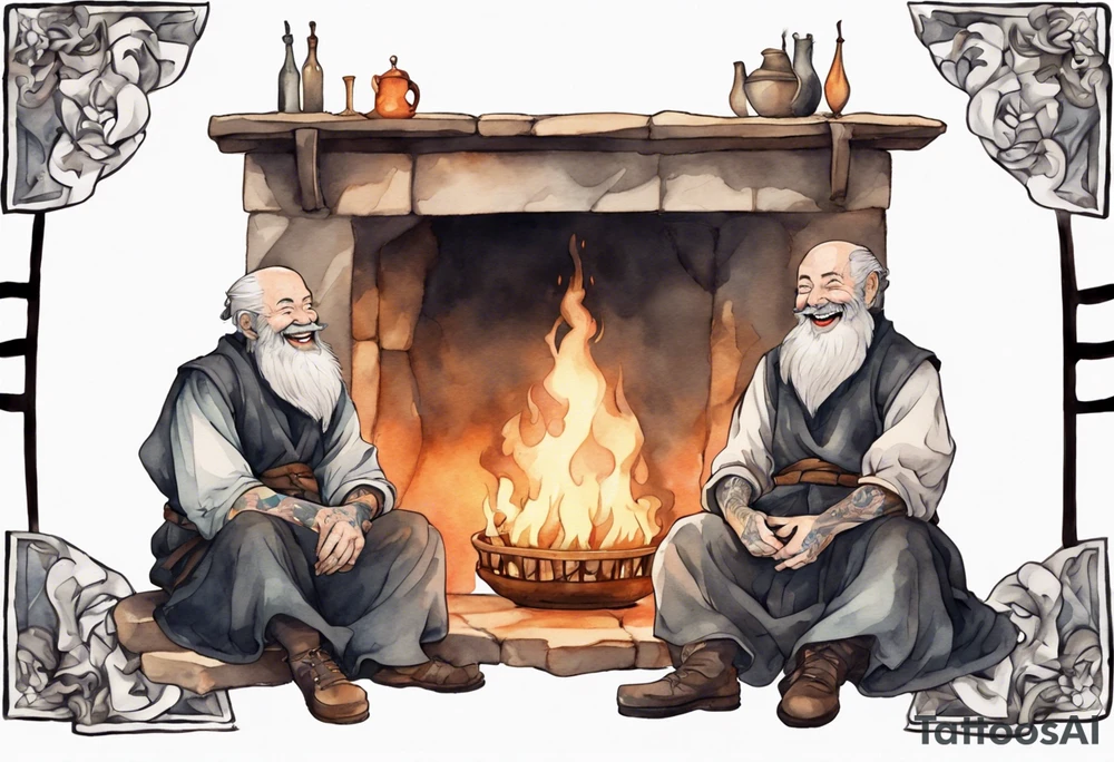 full portrait a Medieval man with a grey beard laughing sitting by the hearth tattoo idea