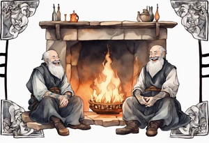 full portrait a Medieval man with a grey beard laughing sitting by the hearth tattoo idea