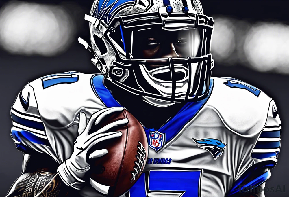blue wildcat in football attire  morphing into jfootball game night half of the face is a black male school student tattoo idea
