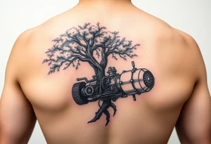 tree grown into an engine steam punk floating through the sky, machine is a home and a flying machine 
in color tattoo idea