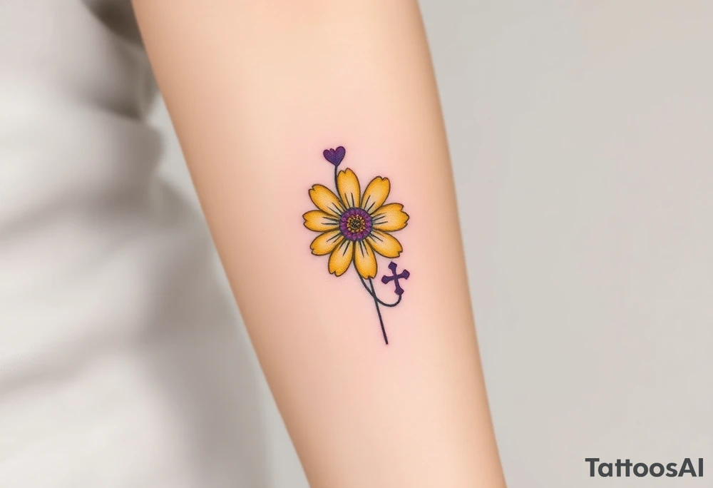 Simple yellow daisy with Purple Hearts & cross tattoo idea