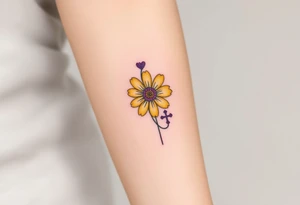 Simple yellow daisy with Purple Hearts & cross tattoo idea