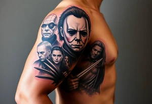 Horrormovie icon Michael Myers. Left arm. I want the other horror movie icons to be filler behind Michael Myers tattoo idea