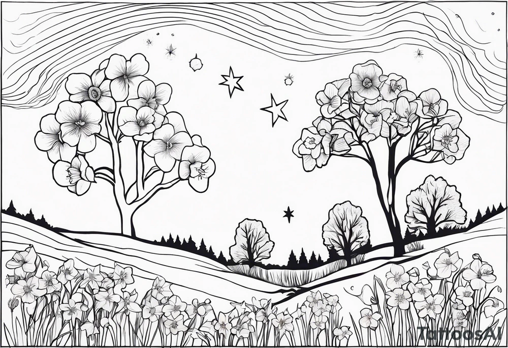 Winter sky, flowers, stars, violets, primroses, daffodil, jonquil, snow, oak tree tattoo idea