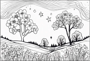 Winter sky, flowers, stars, violets, primroses, daffodil, jonquil, snow, oak tree tattoo idea